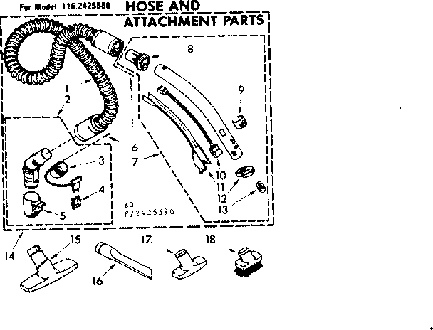 Hose And Attachment Parts Diagram and Parts List for 1162425580  Kenmore Canister Vacuum