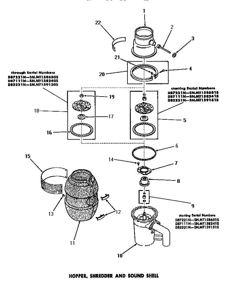 HOPPER, SHREDDER & SOUND SHELL Diagram and Parts List for DB7111N  Speed Queen Trash Compactor