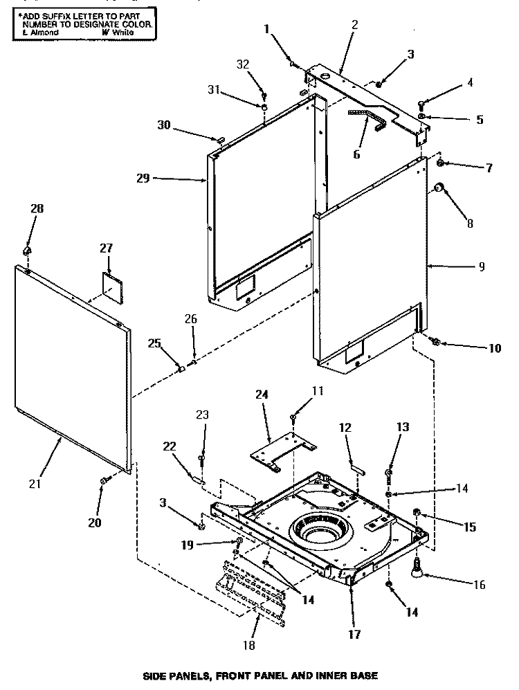 SIDE PANELS, FRONT PANEL & INNER BASE Diagram and Parts List for UG8290  Speed Queen Washer Dryer Combo