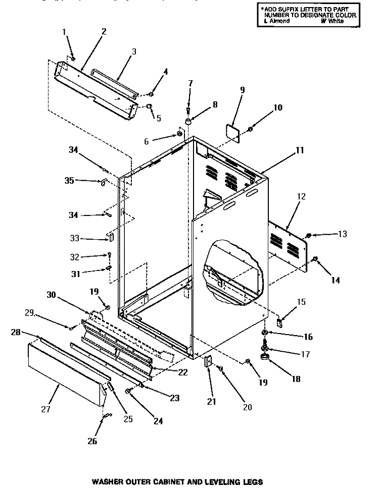 WASHER OUTER CABINET & LEVELING LEGS Diagram and Parts List for UG8290  Speed Queen Washer Dryer Combo