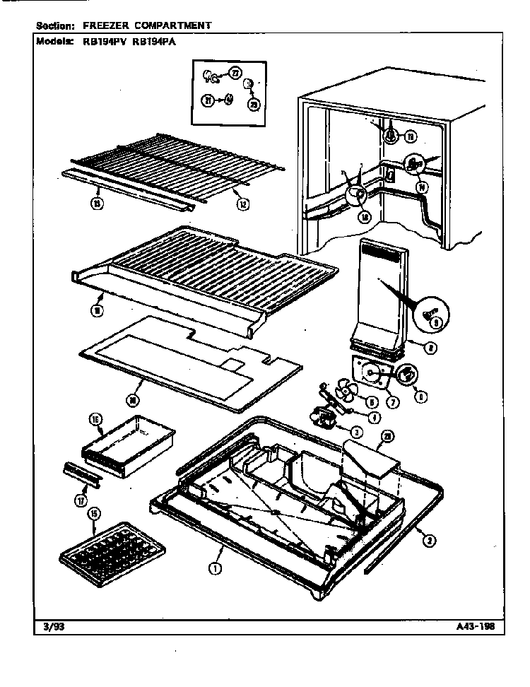 Freezer Compartment Diagram and Parts List for RB194PA DE75A Magic Chef Refrigerator
