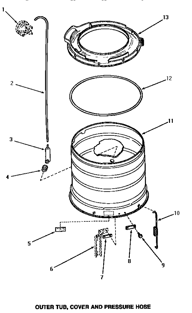 OUTER TUB, COVER & PRESSURE HOSE Diagram and Parts List for AA6421  Amana Washer