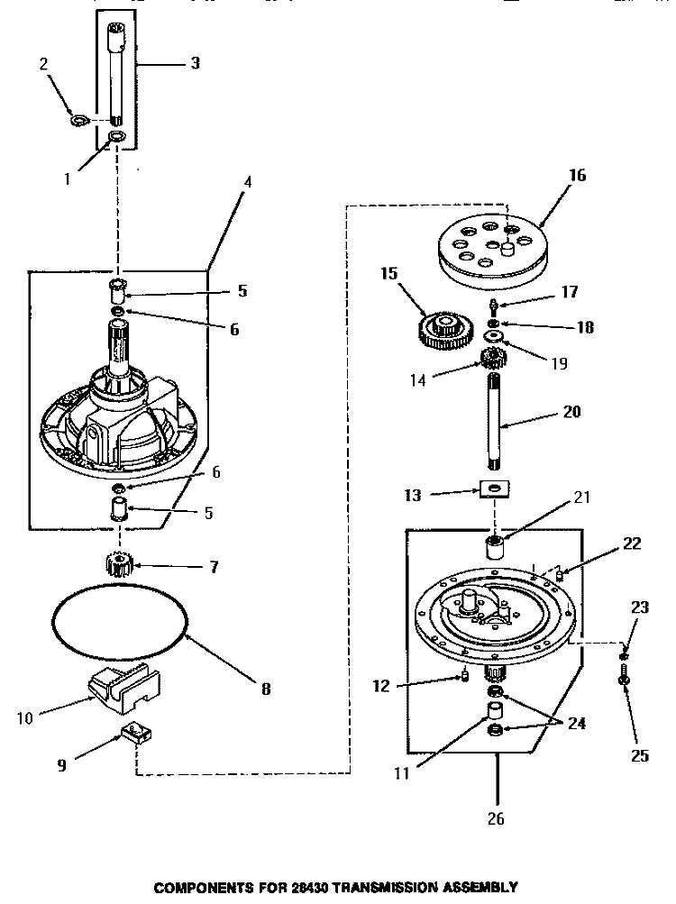 28430 TRANSMISSION ASSY COMPONENTS Diagram and Parts List for HA3001  Amana Washer