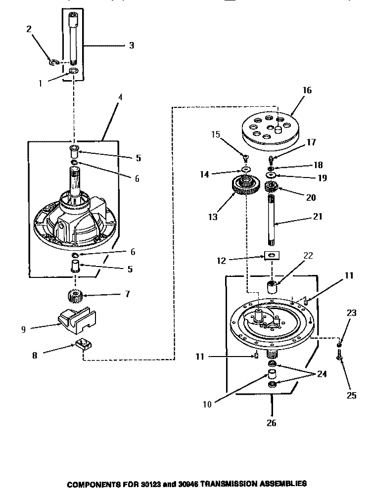 30123 & 30946 TRANSMISSION ASSEMBLIES Diagram and Parts List for HA3001  Amana Washer