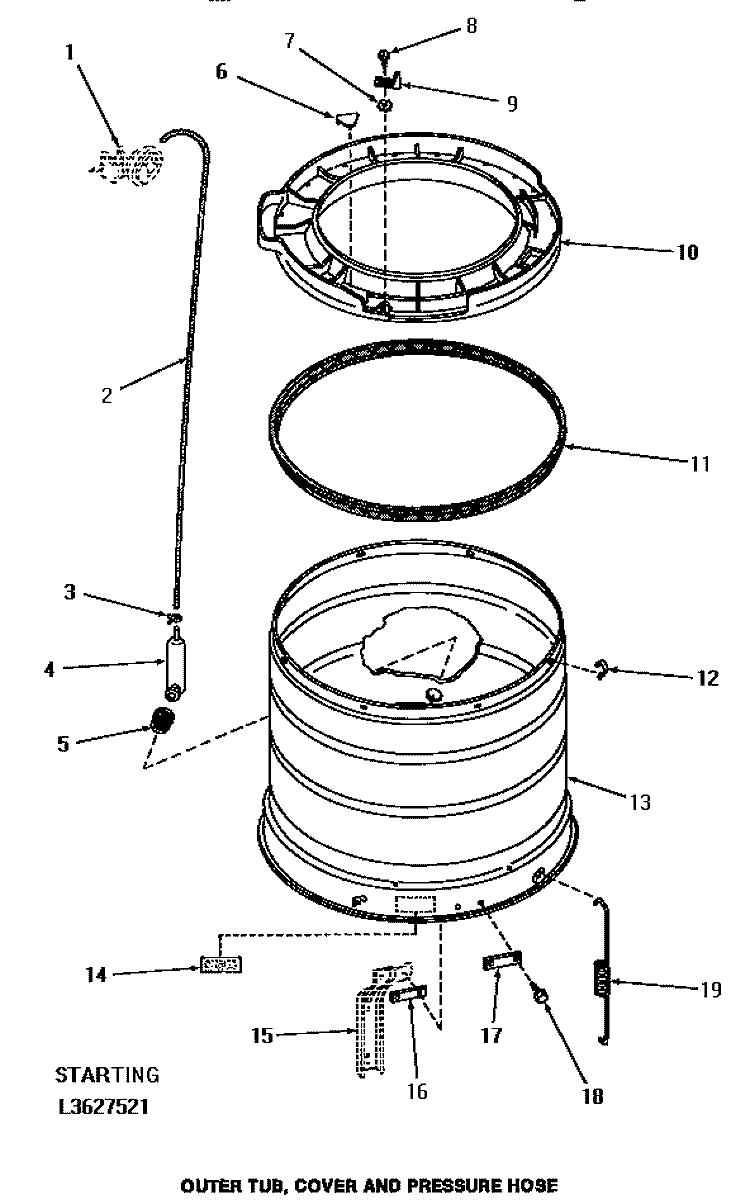 OUTER TUB, COVER & PRESSURE HOSE Diagram and Parts List for HA2010  Amana Washer