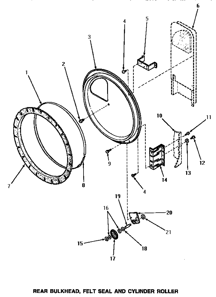 REAR BLKHD, FELT SEAL & CYLINDER ROLLER Diagram and Parts List for NE6313  Speed Queen Dryer