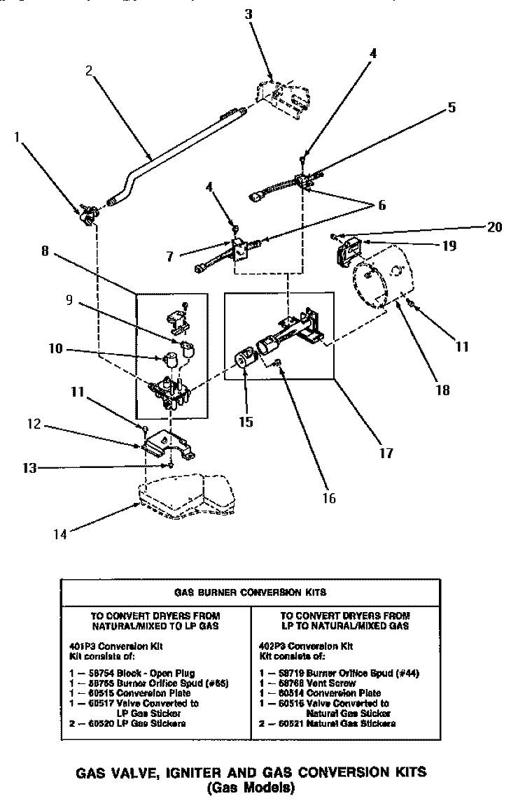 GAS VALVE, IGNITER & GAS CONVERSION KITS Diagram and Parts List for AG4219  Speed Queen Dryer
