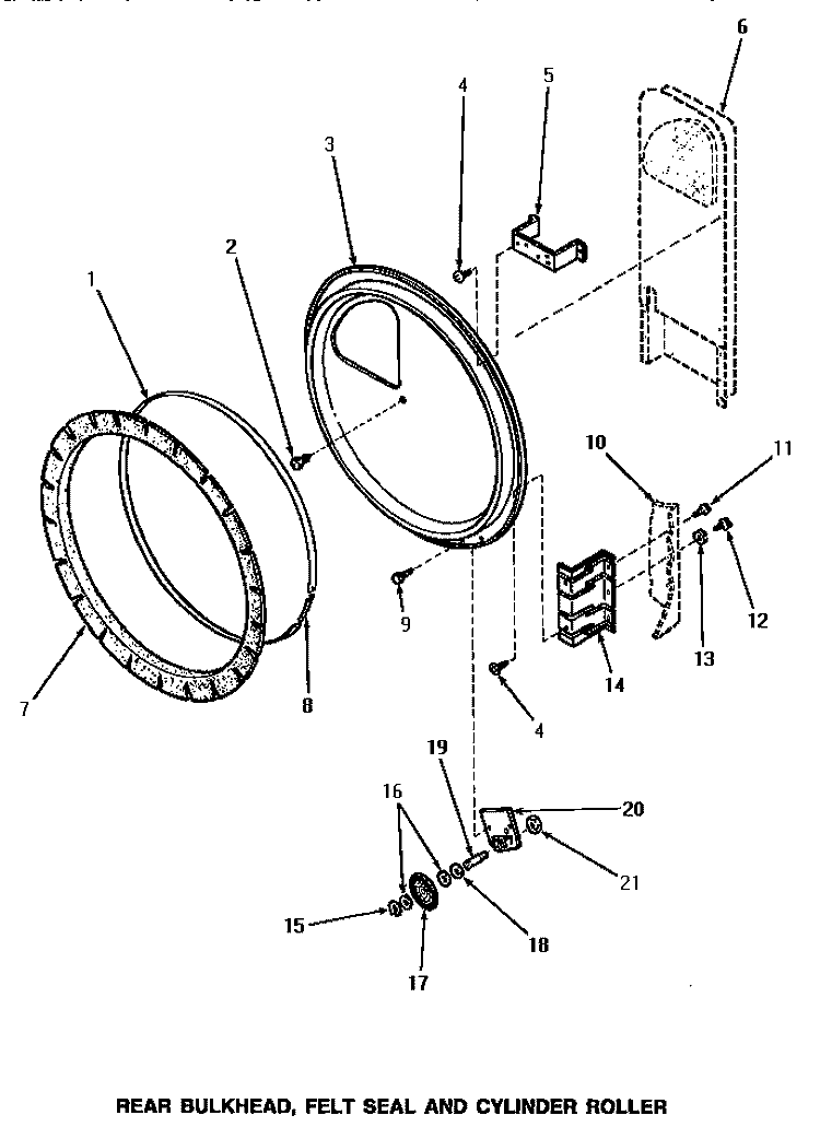 REAR BLKHD, FELT SEAL & CYLINDER ROLLER Diagram and Parts List for AE3213  Speed Queen Dryer