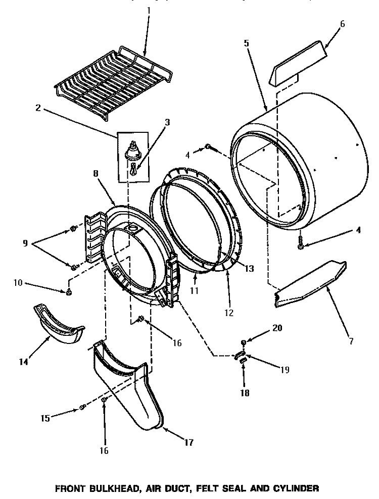FR BLKHD, AIR DUCT, FELT SEAL & CYLINDER Diagram and Parts List for AE7233  Speed Queen Dryer