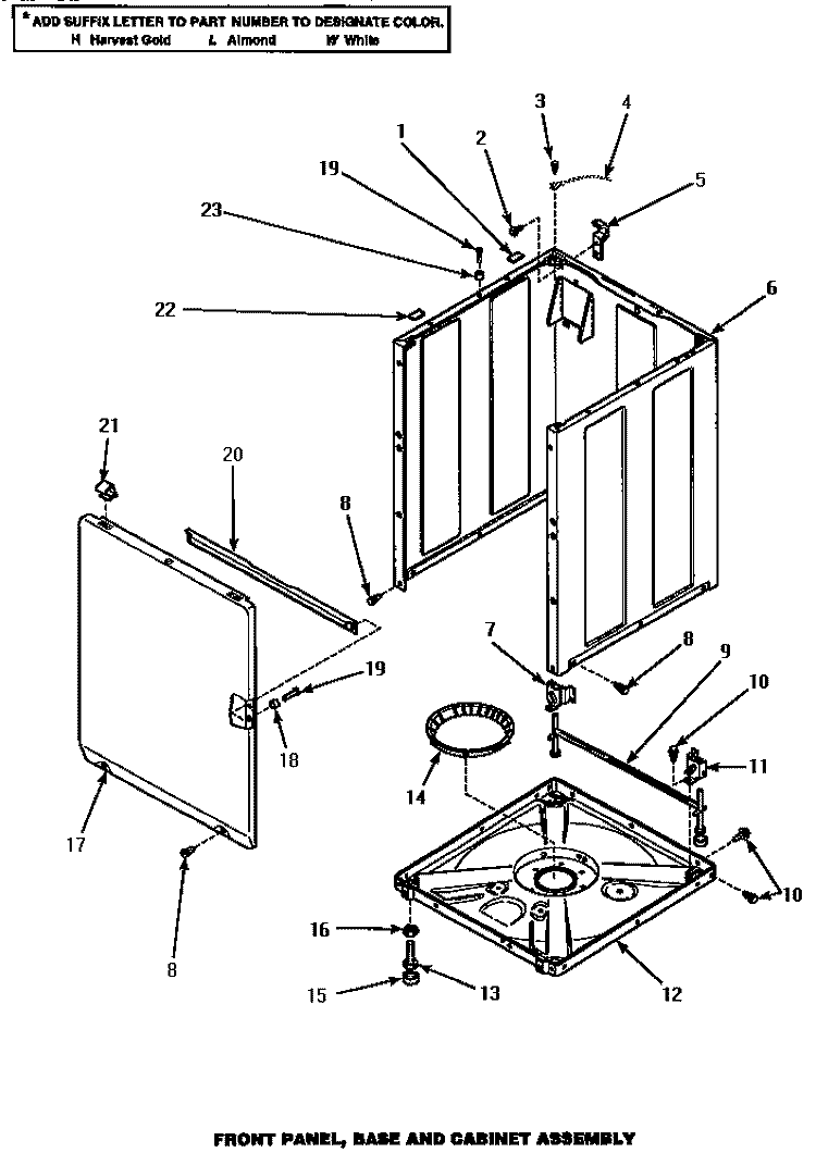 FRONT PANEL, BASE & CABINET ASSY Diagram and Parts List for AWM190W  Amana Washer