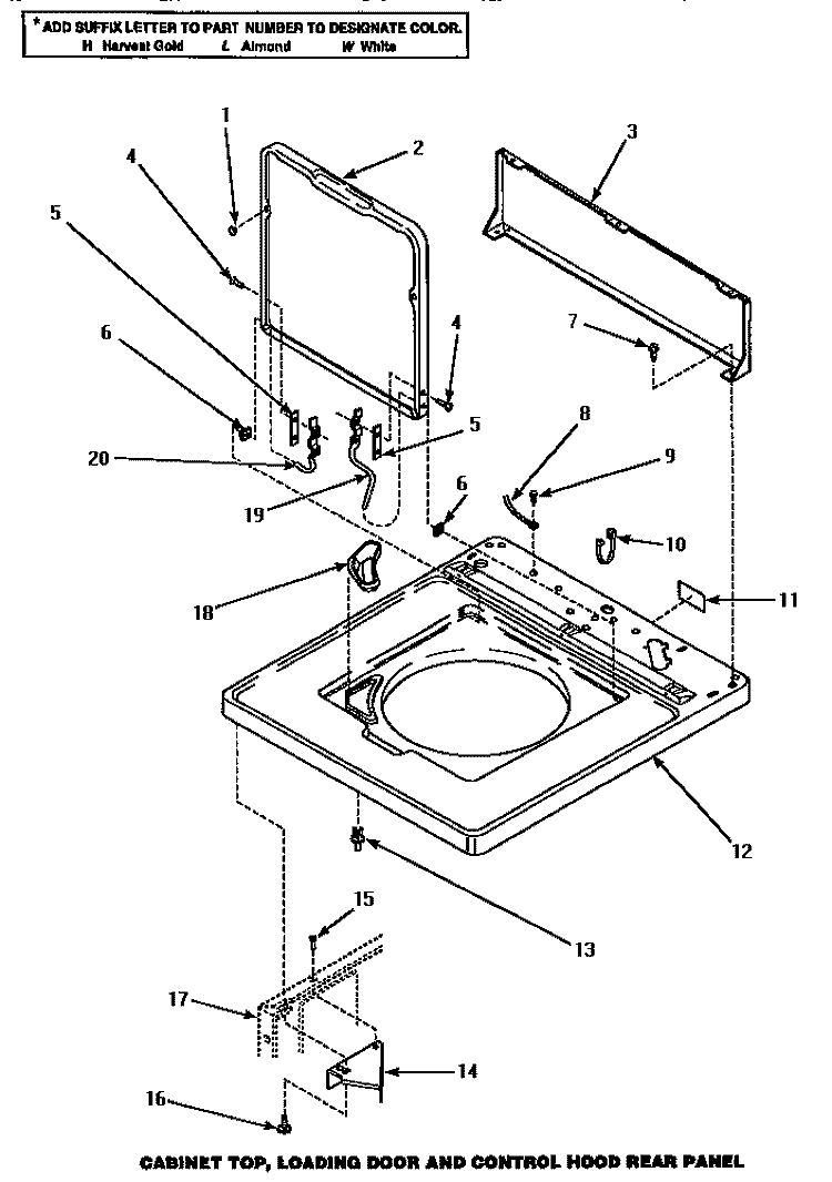 CAB TOP / LOADING DR & CTRL HOOD REAR PAN Diagram and Parts List for AWM392L  Amana Washer