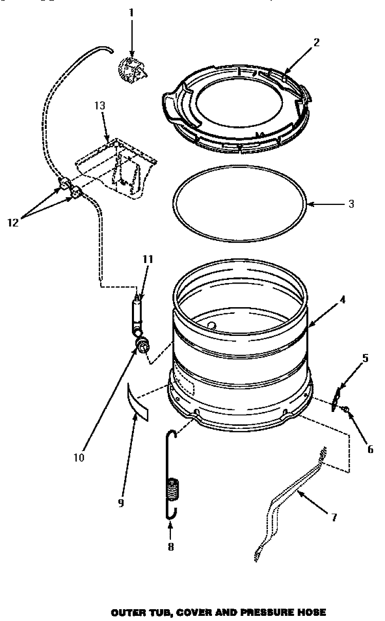OUTER TUB, COVER & PRESSURE HOSE Diagram and Parts List for AWM493  Amana Washer