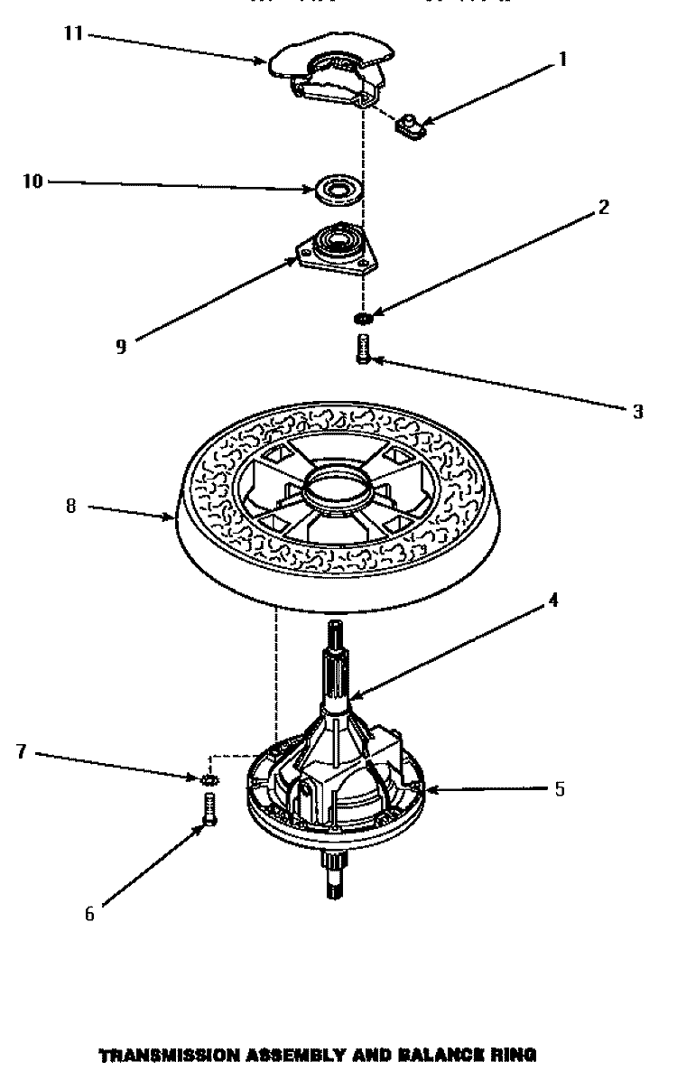 TRANSMISSION ASSY & BALANCE RING Diagram and Parts List for AWM373W  Amana Washer