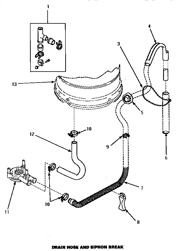 DRAIN HOSE & SIPHON BREAK Diagram and Parts List for AWM373W  Amana Washer