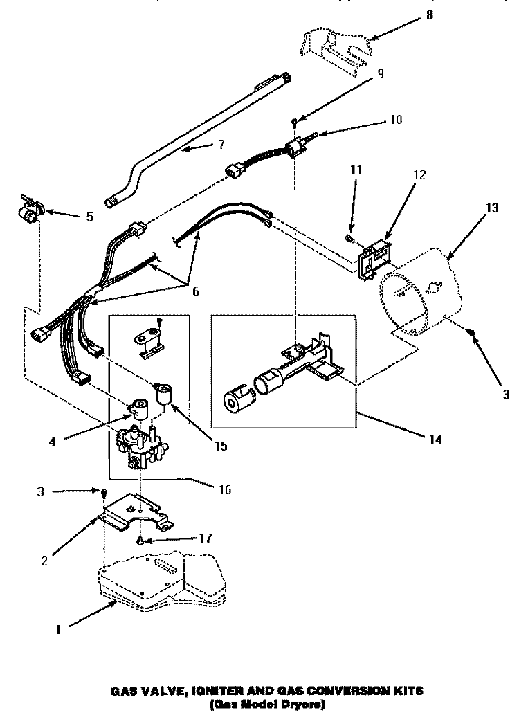 GAS VALVE, IGNITER & GAS CONVERSION KITS Diagram and Parts List for AGM199  Speed Queen Dryer