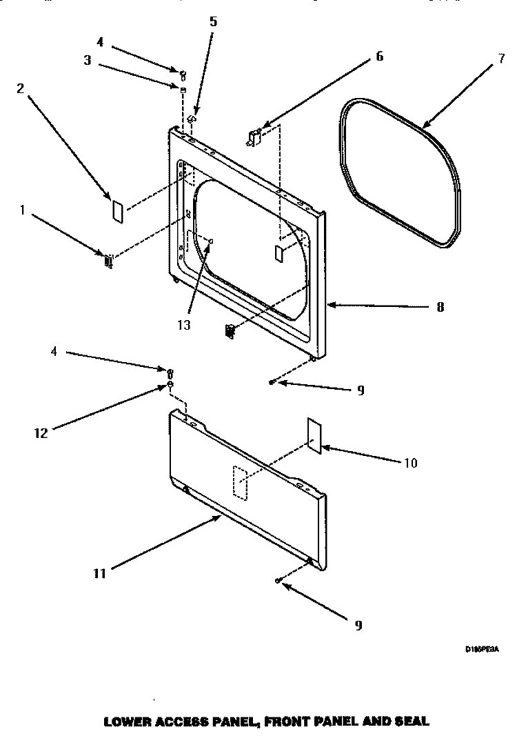 LOWER ACCESS PANEL, FRONT PANEL & SEAL Diagram and Parts List for AGM399  Speed Queen Dryer
