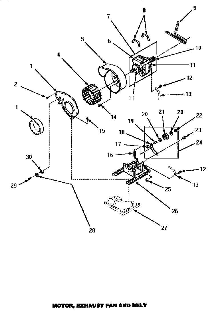 MOTOR, EXHAUST FAN & BELT Diagram and Parts List for AGM399  Speed Queen Dryer