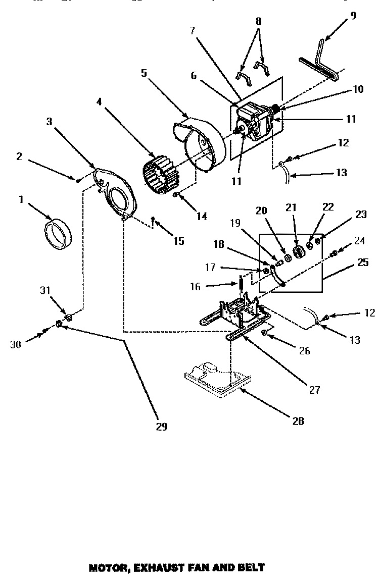 MOTOR, EXHAUST FAN & BELT Diagram and Parts List for AEM677W  Speed Queen Dryer