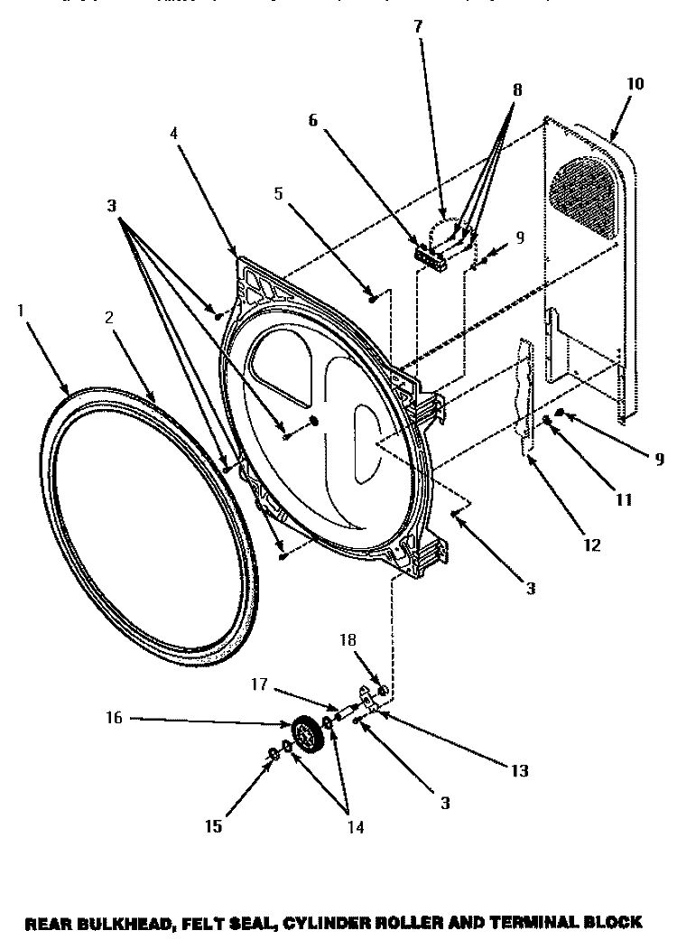 BULKHEAD / FELT SEAL / CYL ROLLER & TERM BLK Diagram and Parts List for AEM677W  Speed Queen Dryer