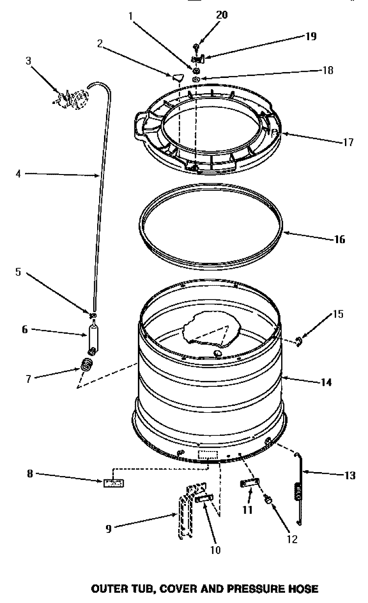 OUTER TUB, COVER & PRESSURE HOSE Diagram and Parts List for NA5321  Amana Washer