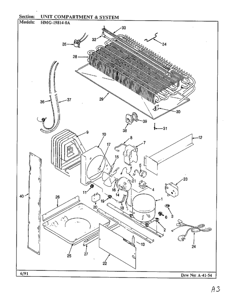 Unit Compartment And System Diagram and Parts List for 19814-0A  Admiral Refrigerator