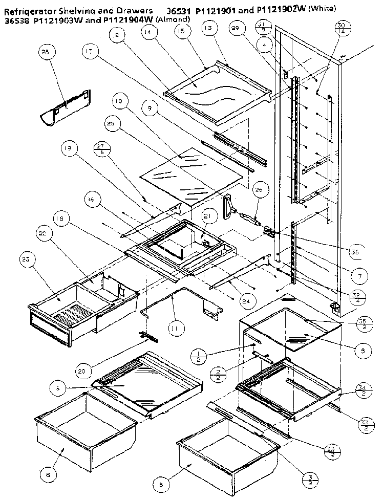 Refrigerator Shelving And Drawers Diagram and Parts List for 36531-P1121902W  Amana Refrigerator