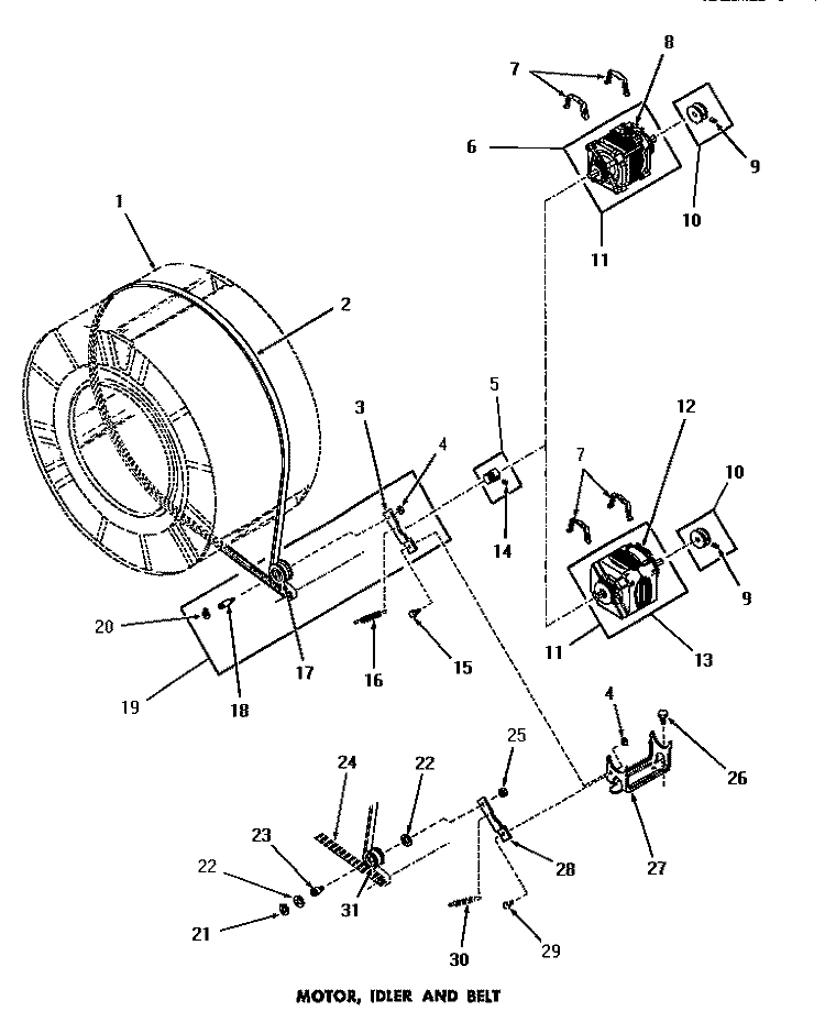 MOTOR, IDLER & BELT Diagram and Parts List for DG3250  Speed Queen Dryer