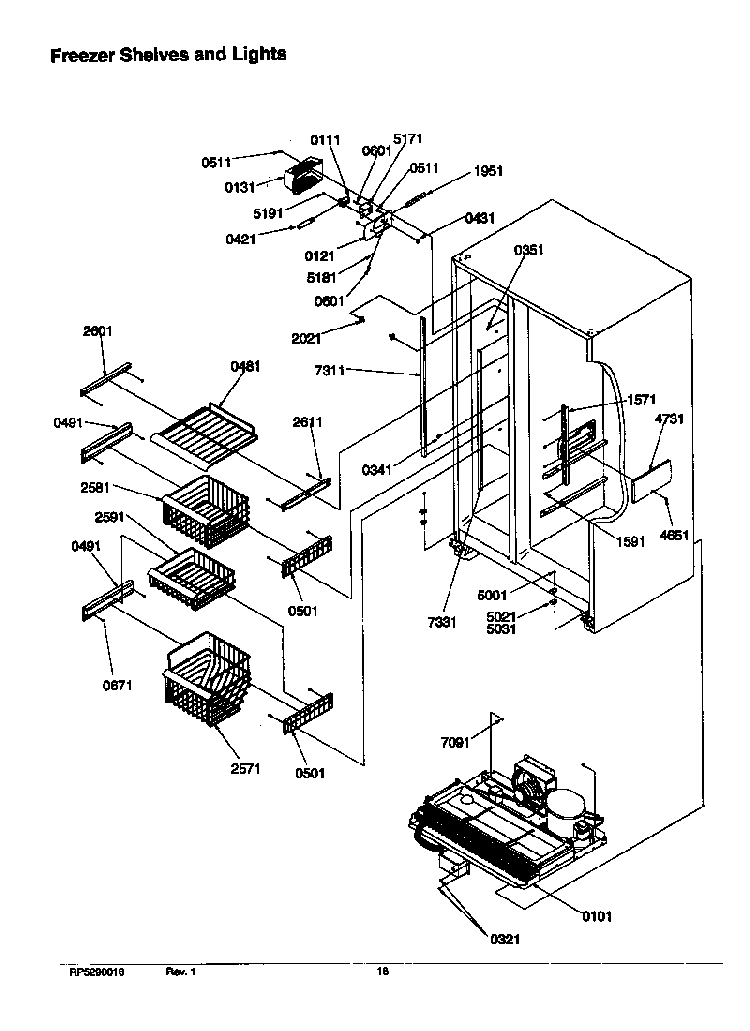 Freezer Shelves And Lights Diagram and Parts List for SRD526TW-P1310201WW  Amana Refrigerator