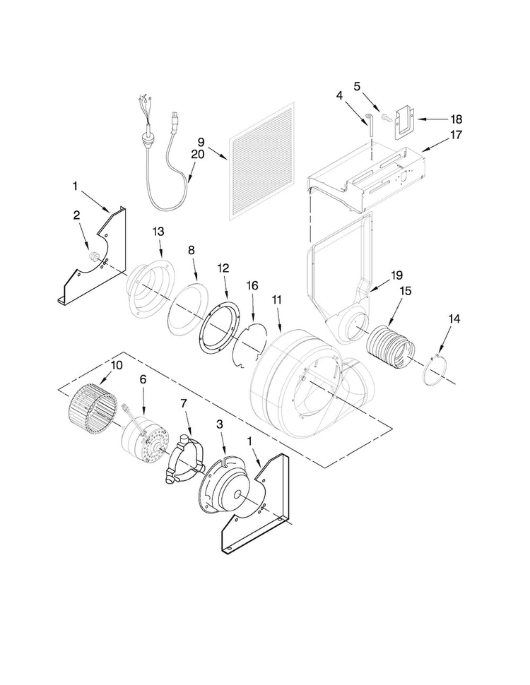 Blower Assembly Parts Diagram and Parts List for JES9750BAB17  Jenn-Air Range