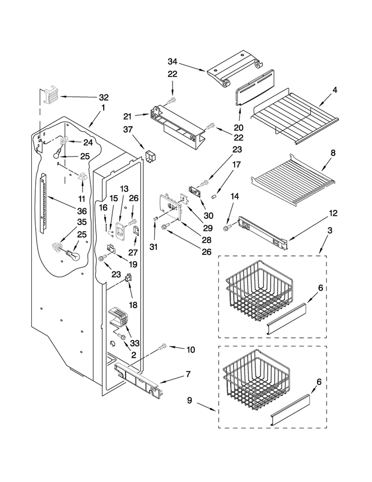 Freezer Liner Parts Diagram and Parts List for MCD2358WEW01  Maytag Refrigerator