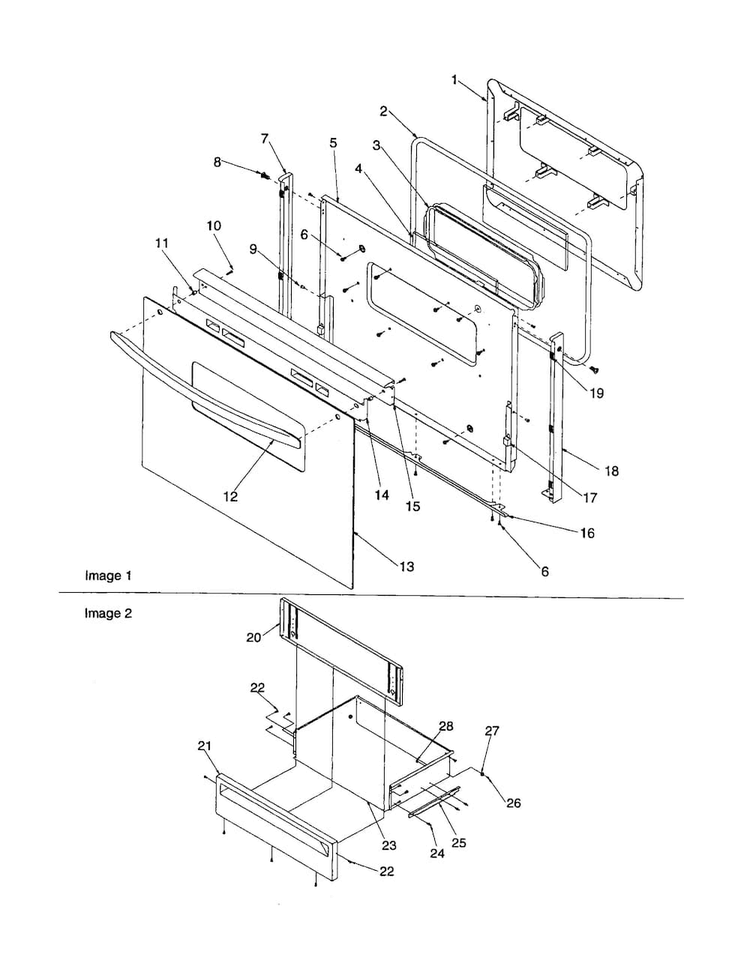 Oven Door And Storage Drawer Diagram and Parts List for ARR6220L-P1143808NL  Amana Range