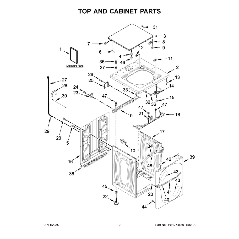 Top And Cabinet Parts Diagram and Parts List for MAT24PRAWW0  Maytag Washer