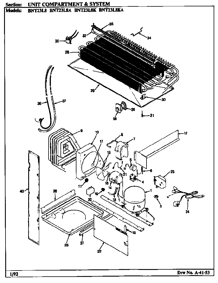 Unit Compartment & System Diagram and Parts List for BNT23L8K BL91A Maytag Refrigerator