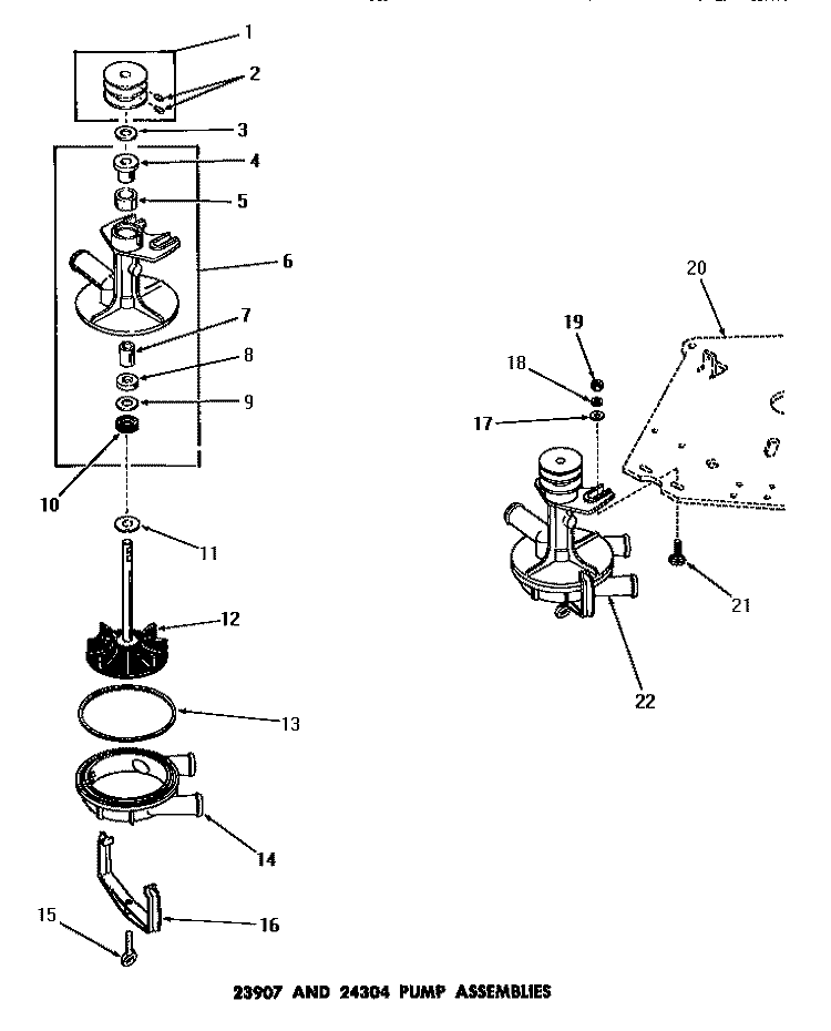 23907 & 24304 PUMP ASSEMBLIES Diagram and Parts List for DA6223  Amana Washer