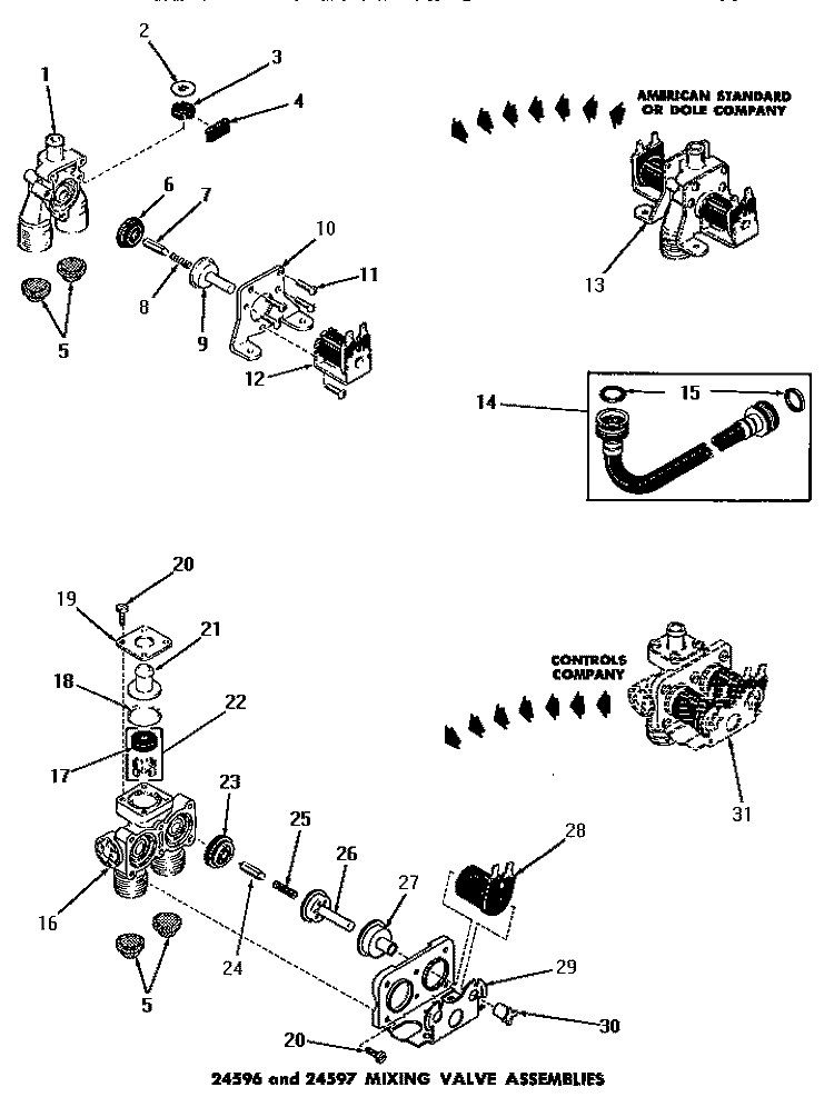 24596 & 24597 MIXING VALVE ASSEMBLIES Diagram and Parts List for DA9043  Speed Queen Washer
