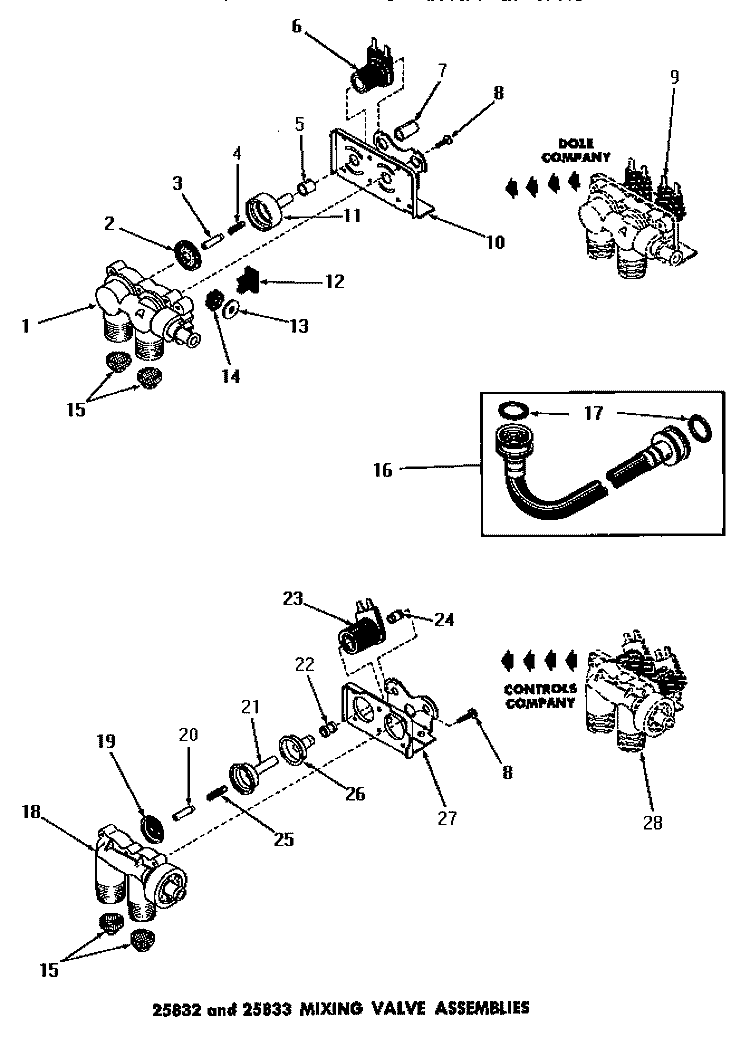 25832 & 25833 MIXING VALVE ASSEMBLIES Diagram and Parts List for DA9011  Speed Queen Washer