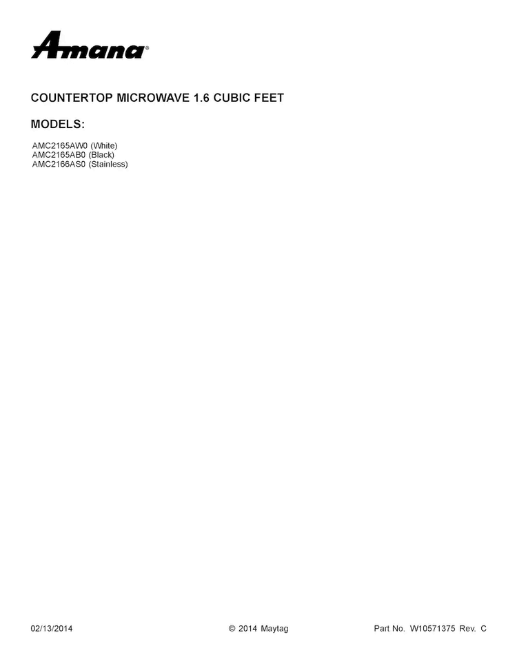 Cover Sheet Diagram and Parts List for AMC2165AW0  Amana Microwave
