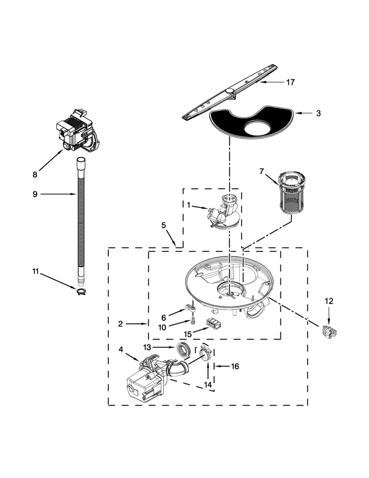 Pump, Washarm And Motor Parts Diagram and Parts List for ADB1400PYS6  Amana Dishwasher