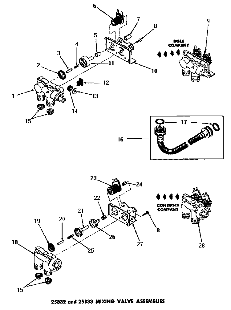 25832 & 25833 MIXING VALVE ASSEMBLIES Diagram and Parts List for DA3211  Amana Washer