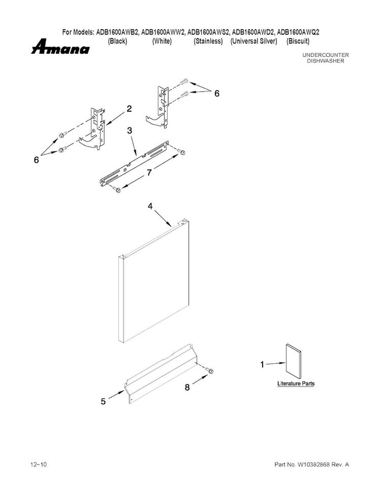 Door And Panel Parts Diagram and Parts List for ADB1600AWQ2  Amana Dishwasher