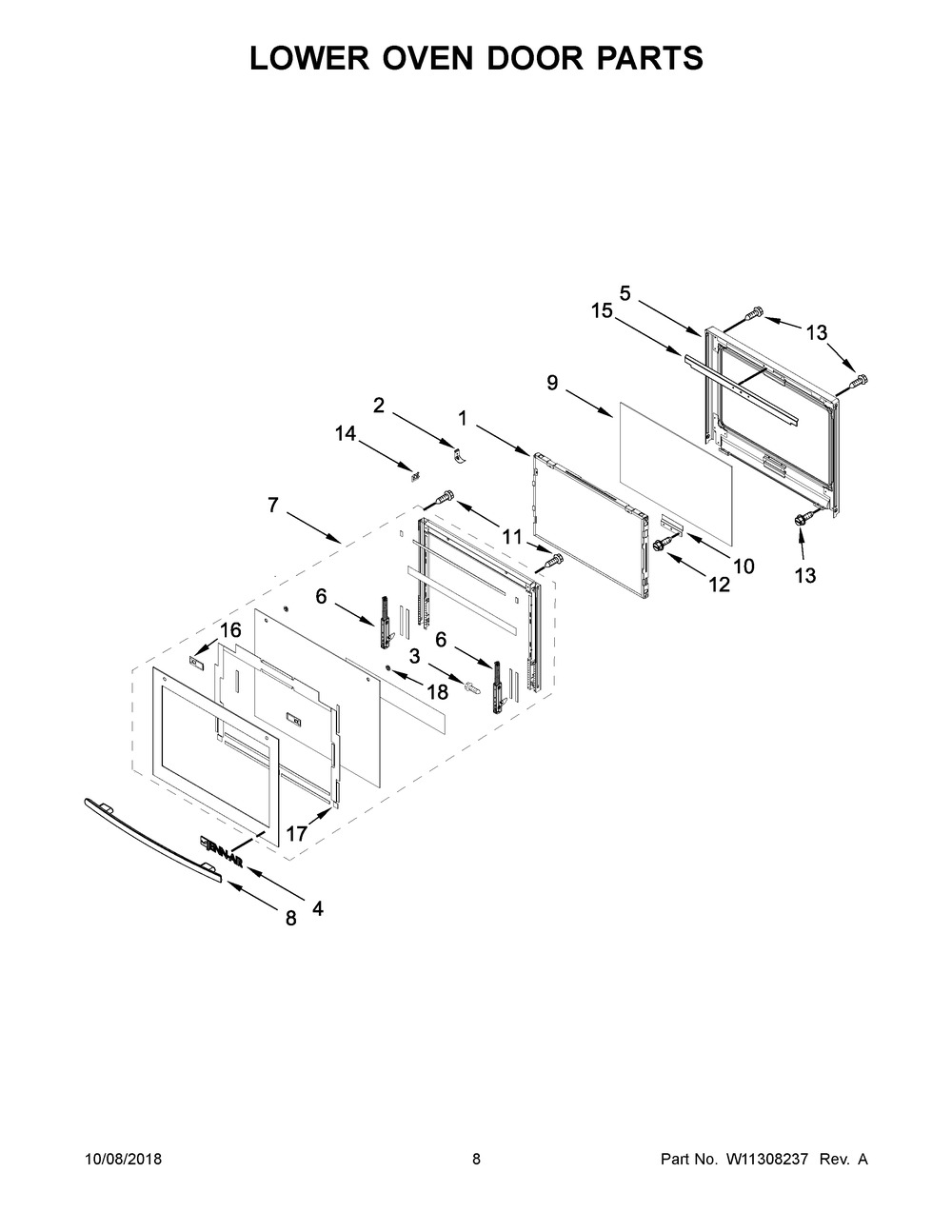 Lower Oven Door Parts Diagram and Parts List for JJW2827DS03  Maytag Wall Oven