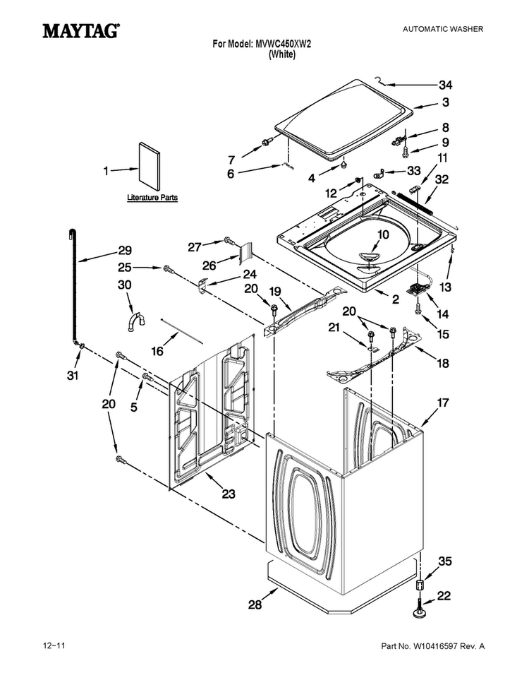 Top And Cabinet Parts Diagram and Parts List for MVWC450XW2  Maytag Washer
