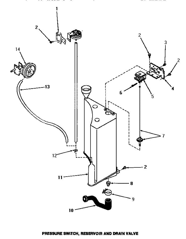 PRESSURE SWITCH, RESERVOIR & DRAIN VALVE Diagram and Parts List for FA3820  Amana Washer