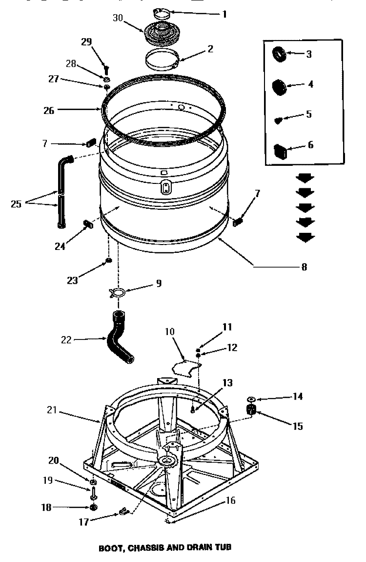 BOOT, CHASSIS & DRAIN TUB Diagram and Parts List for FA4200  Amana Washer