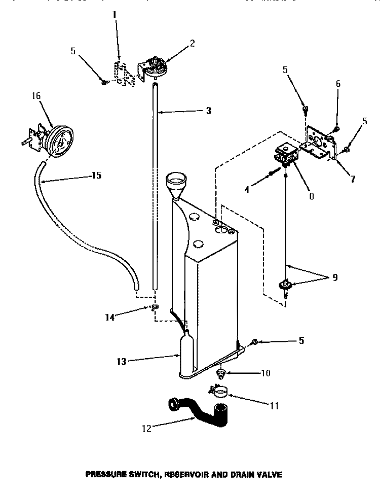 PRESSURE SWITCH, RESERVOIR & DRAIN VALVE Diagram and Parts List for FA4160  Amana Washer