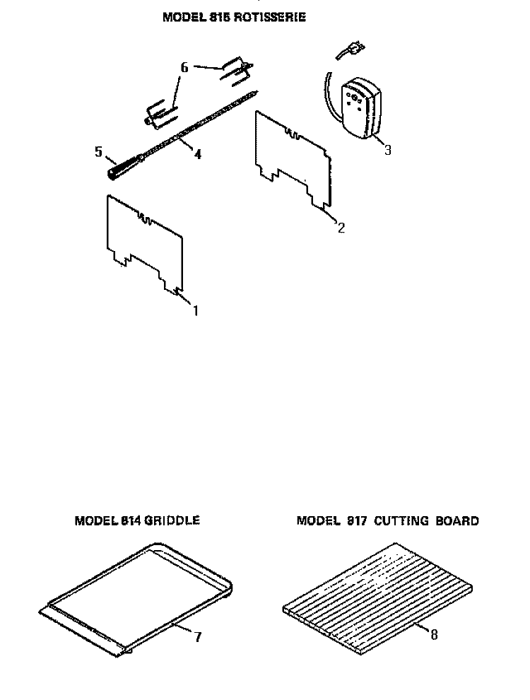 ROTISSERIE, GRIDDLE & CUTTING BOARD Diagram and Parts List for 817000  Litton Cooktop