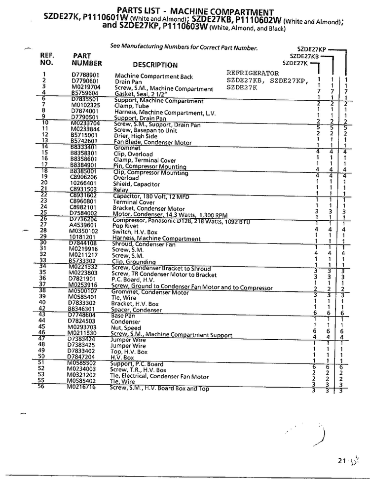 Machine Compartment  Page 2 Diagram and Parts List for SZDE27KB  Amana Refrigerator