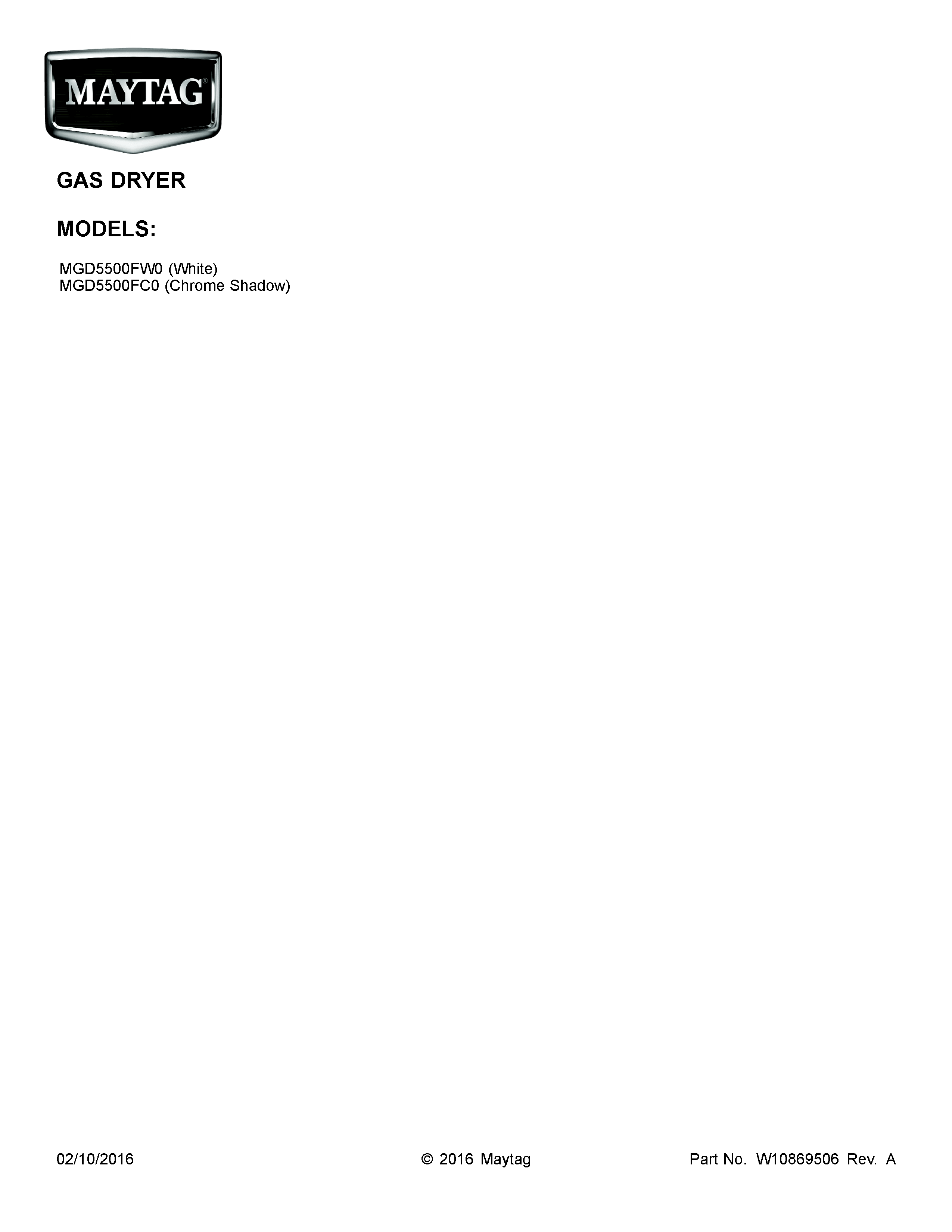 Cover Sheet Diagram and Parts List for MGD5500FW0  Maytag Dryer