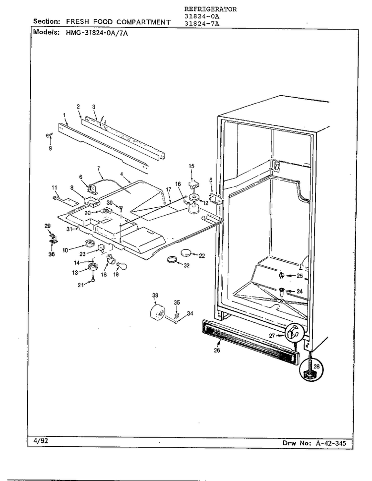 Fresh Food Compartment Diagram and Parts List for 31824-0A  Admiral Refrigerator