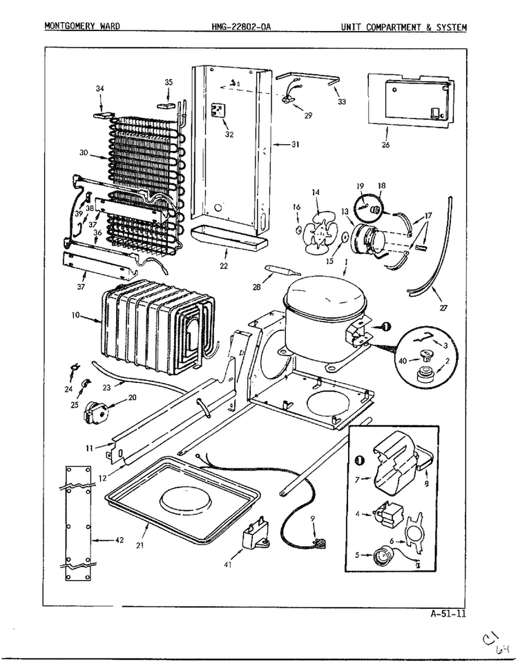 Unit Compartment And System Diagram and Parts List for 22802-A  Admiral Refrigerator